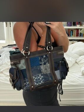 Coach Patchwork Navy and Brown Shoulder Bag